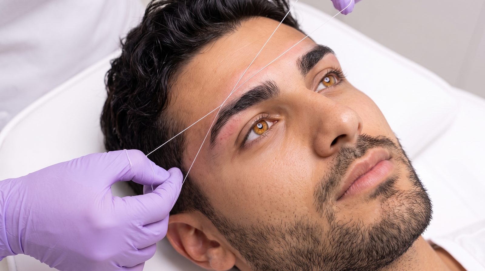 Diseño de cejas con hilo para hombre